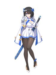 1girl armor black_hair black_pantyhose blue_bow blue_eyes bob_cut bow bracer breasts cape cleavage cleavage_cutout clothing_cutout dress full_body gloves hair_bow hair_ornament hair_over_one_eye high_heels highres holding holding_sword holding_weapon large_breasts leg_up light_blush lost_sword:_tales_of_britania lua_(lost_sword) official_art one_eye_covered pantyhose parted_lips pauldrons scabbard sheath sheathed short_hair shoulder_armor solo standing sword tachi-e transparent_background weapon white_cape white_dress white_footwear white_gloves