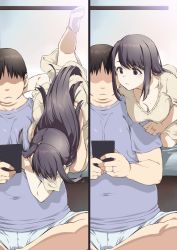 1boy 1girl black_eyes blue_shirt breasts cellphone commentary_request downblouse dress faceless faceless_male falling fat fat_man floating_hair hanging_breasts hidden_face highres husband_and_wife inu_(aerodog) jewelry long_hair mole mole_on_breast mole_under_eye no_shoes original parted_lips phone ring shaded_face shirt smartphone very_long_hair wedding_band white_dress