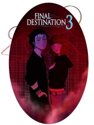 1boy 1girl belt black_hair black_jacket black_pants couple denim erin_ulmer final_destination_(movie) ian_mckinley jacket jeans logo oddx pants red_hair roller_coaster warner_bros. wristband