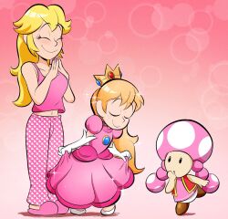 3girls alternate_costume bare_shoulders blonde_hair breasts child closed_eyes collarbone commentary cosplay crown cutie_(yohocutie) dress english_commentary heart heart_print long_hair mario_(series) multiple_girls navel nintendo original pajamas panties pink_background pink_dress pink_nails pink_panties pink_shirt pink_slippers princess_peach princess_peach_(cosplay) red_vest shirt shoes short_sleeves slippers smile toadette underwear vest white_shoes yohocutie