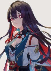 1girl alternate_hair_length alternate_hairstyle arms_at_sides bead_necklace beads black_hair breasts bright_pupils chinese_clothes closed_mouth colored_inner_hair expressionless hair_between_eyes honkai:_star_rail honkai_(series) jewelry long_hair looking_at_viewer mask michiko_(ui29) multicolored_hair necklace off-shoulder_shirt off_shoulder oni_mask red_eyes red_hair shirt shoulder_strap simple_background small_breasts solo tattoo upper_body very_long_hair white_pupils xueyi_(honkai:_star_rail)