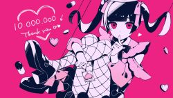 candy covering_own_mouth darling_dance_(vocaloid) food heart heart-shaped_pupils highres jirai_kei lollipop looking_at_viewer milestone_celebration nana_(nou) nou_(nounknown) pill pink_background pink_eyes shaped_lollipop symbol-shaped_pupils