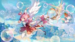 absurdres air_bubble aqua_eyes benzi_li bow bowtie bubble dress flying gradient_hair hat highres holding holding_wand honkai:_star_rail honkai_(series) hyacine_(honkai:_star_rail) little_ica_(honkai:_star_rail) multicolored_hair pantyhose pegasus pink_hair red_dress red_hat smile twintails two-tone_hair wand white_pantyhose wings