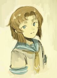 Rule 34 | 1girl, blue eyes, blue sailor collar, brown hair, cropped torso, from side, higurashi no naku koro ni, kornod, looking at viewer, medium hair, ryuuguu rena, sailor collar, solo, upper body