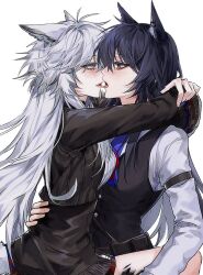2girls animal_ears ara_200117 arknights arms_around_neck black_hair black_shorts black_vest commentary eye_contact french_kiss grey_eyes hand_on_another&#039;s_back hand_on_another&#039;s_thigh hand_on_another&#039;s_waist highres kiss lappland_(arknights) lappland_the_decadenza_(arknights) long_hair looking_at_another material_growth multiple_girls open_mouth orange_eyes oripathy_lesion_(arknights) shirt short_shorts shorts symbol-only_commentary texas_(arknights) texas_the_omertosa_(arknights) tongue tongue_out vest white_hair white_shirt wolf_ears wolf_girl yuri