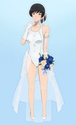 1girl acrylic_stand_(medium) alternate_costume amagami black_eyes black_hair blue_background bouquet breasts bride choker closed_mouth commentary_request competition_swimsuit covered_navel flower full_body gloves highleg highleg_one-piece_swimsuit highres holding holding_bouquet long_hair looking_at_viewer medium_breasts nanidato_(nanidat0) one-piece_swimsuit ponytail scrunchie simple_background smile solo standing swimsuit thighs tsukahara_hibiki white_choker white_gloves white_one-piece_swimsuit white_scrunchie