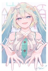 Rule 34 | 1girl, aqua eyes, aqua hair, bare shoulders, blush, bow, bowtie, breasts, commentary, detached sleeves, dress, hair between eyes, hair bow, hair ornament, hatsune miku, highres, hiramado miku, kowareta sekai to utaenai miku, long hair, long sleeves, looking at viewer, medium breasts, official alternate costume, official alternate hairstyle, open mouth, project sekai, reaching, reaching towards viewer, signature, sleeveless, sleeveless dress, smile, solo, spoilers, t b7ce390, twintails, very long hair, vocaloid, white bow, white bowtie, x hair ornament