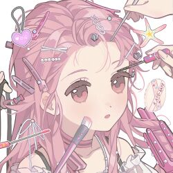 Rule 34 | 1girl, adjusting another&#039;s hair, applying another&#039;s makeup, applying makeup, bare shoulders, bead necklace, beads, black ribbon, bow, bow choker, bowtie, bra strap, brown eyes, choker, collarbone, disembodied hand, dot nose, expressionless, eyelashes, hair beads, hair ornament, hair ribbon, hairclip, heart, highres, holding, holding brush, holding makeup brush, holding ribbon, infinity nikki, jewelry, light blush, long hair, looking ahead, loose hair strand, makeup, makeup brush, mascara, mascara wand, nail polish brush, necklace, nikki (nikki), nikki (series), off-shoulder shirt, off shoulder, open mouth, perfect start (infinity nikki), pink bow, pink bowtie, pink choker, pink hair, powder puff, ribbon, shirt, simple background, single stripe, solo focus, starfish, striped bow, striped choker, suannai pidong, upper body, white background, white ribbon, white shirt, x hair ornament