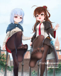 2girls aru_majo_ga_shinu_made beleven blue_hair brown_eyes brown_hair feet highres light_blush long_hair looking_at_viewer medium_hair meg_raspberry multiple_girls necktie open_mouth pantyhose red_eyes soles sophie_hayter toes