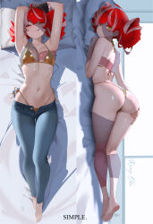 1girl :q absurdres ahoge aou13093 arm_behind_head armpits arms_up ass bare_arms bare_legs bare_shoulders barefoot bed_sheet bikini blue_pants commentary dakimakura_(medium) double_bun english_commentary feet flat_chest full_body gold_bikini golden_week_bikini grey_hair hair_bun half-closed_eyes hand_on_own_ass heterochromia highleg highleg_bikini highres hololive hololive_indonesia kureiji_ollie licking_lips light_smile looking_at_viewer lying mismatched_pupils multicolored_hair multiple_views navel on_back on_stomach open_fly pants patchwork_skin pillow pink_hair red_eyes red_hair shiny_skin side-tie_bikini_bottom soles stomach streaked_hair swimsuit symbol-shaped_pupils tongue tongue_out virtual_youtuber x-shaped_pupils yellow_eyes