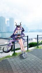 1girl alternate_costume arknights bare_shoulders belt black_hat black_horns black_jacket black_tank_top building city crop_top denim denim_shorts eyewear_on_headwear full_body grey_socks hat highres horns jacket long_hair matsuoka_(mtok_0) midriff off_shoulder outdoors peaked_cap photo_background purple_eyes purple_hair shoes shorts sky skyscraper socks solo standing tail tank_top typhon_(arknights) urban very_long_hair water white_shoes white_tank_top
