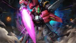 absurdres assault_visor asteroid battle company_name copyright_notice debris dust_cloud energy_beam energy_sword explosion fighting_stance glowing green_visor gundam gundam_battle_operation_2 gundam_msv highres holding holding_sword holding_weapon machinery mecha mecha_focus motion_lines nebula no_humans realistic robot science_fiction solo sunrise_(company) sword tenjin_hidetaka weapon zeta_gundam zeta_gundam_mp_type