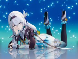 1girl 3d adapted_costume arm_support ballet_boots blender_(medium) bridal_gauntlets finathai firefly_(honkai:_star_rail) full_body hair_ornament hairband high_heels highres honkai:_star_rail honkai_(series) long_hair looking_at_viewer lying on_stomach paid_reward_available pink_eyes reflection solo thighhighs white_hair