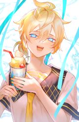 1boy 86ch :d absurdres black_sailor_collar blonde_hair blue_eyes character_name cherry commentary_request cream drink drinking_straw food fruit glass hair_between_eyes highres holding holding_drink ice_cream kagamine_len looking_at_viewer male_focus necktie open_mouth sailor_collar shirt short_sleeves signature smile solo teeth tongue vocaloid water white_shirt yellow_necktie