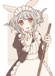 1girl alternate_costume animal_ears apron artist_name black_dress blue_hair blush braid braided_bun broom double_bun dress enmaided frilled_apron frills hair_bun hands_up highres holding holding_broom hololive looking_at_viewer maid maid_apron maid_headdress multicolored_hair open_mouth puffy_sleeves rabbit-shaped_pupils rabbit_ears rabbit_girl red_eyes simple_background solo symbol-shaped_pupils thick_eyebrows traum38 two-tone_hair usada_pekora virtual_youtuber waist_apron white_apron white_background white_hair