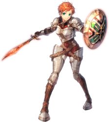 1girl armor artist_request bedi_(unitia) breasts full_body game_cg green_eyes highres holding holding_shield holding_sword holding_weapon official_art orange_hair shield short_hair shoulder_armor solo source_request sword transparent_background unitia weapon