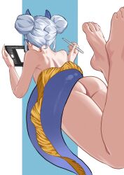 1girl absurdres ass barefoot borrowed_character crossed_ankles double_bun dragon_girl dragon_girl_(wuju59) eastern_dragon_horns eastern_dragon_tail eiferqimuyu feet feet_up from_behind grey_hair hair_bun highres lying nude on_stomach original solo the_pose toenails toes