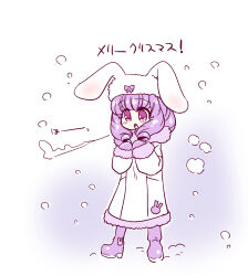 Rule 34 | 1girl, animal ears, blush, boots, chuchu (show by rock!!), coat, full body, fur-trimmed coat, fur-trimmed sleeves, fur trim, gloves, hands up, hat, highres, long hair, long sleeves, open mouth, pink eyes, purple boots, purple gloves, purple hair, rabbit ears, show by rock!!, simple background, snow, solo, white background, white coat, white hat, yokoshima takemaru