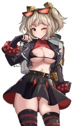 1girl absurdres aki_hoshino artist_name bikini black_gloves black_jacket black_skirt blonde_hair boots breasts burnice_white closed_mouth commentary cowboy_shot english_commentary eyewear_on_head fingerless_gloves gloves hand_up highres jacket large_breasts micro_bikini miniskirt navel nipple_slip nipples one_eye_closed panties pleated_skirt red-tinted_eyewear red_eyes red_panties short_hair simple_background skirt smile solo spiked_jacket stomach swimsuit thigh_boots thighs tinted_eyewear two_side_up underwear white_background zenless_zone_zero