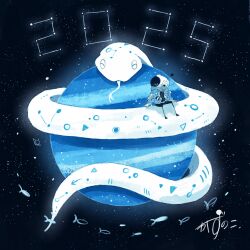 Rule 34 | 1other, 2025, animal, artist name, blue jacket, chinese zodiac, closed eyes, coiled, commentary, constellation, fish, flying fish, forked tongue, giant snake, gloves, helmet, highres, jacket, kazunoko (kazunoko zunoco), looking at another, new year, original, oversized animal, planet, radio antenna, signature, sitting, sitting on animal, snake, space, space helmet, star (sky), tongue, tongue out, white gloves, year of the snake