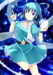 1girl ajiriko bad_id bad_pixiv_id blue_eyes blue_hair breasts chisel choker cleavage dress female_focus flower hair_ornament hair_rings hair_stick herb highres kaku_seiga kiseru matching_hair/eyes shawl shoes short_hair shovel smile smoking_pipe solo star_(symbol) touhou vest worktool