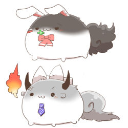 :3 animal_ears bow chibi closed_mouth clover fire four-leaf_clover higuchi_kaede horns lowres mouth_hold necktie nijisanji pink_bow purple_necktie rabbit_ears rebecca_(keinelove) simple_background solid_circle_eyes stalk_in_mouth tsukino_mito virtual_youtuber white_background white_bow