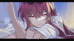 1girl artist_name closed_mouth commentary_request curtains half-closed_eyes honkai:_star_rail honkai_(series) index_finger_raised indoors kafka_(honkai:_star_rail) letterboxed long_hair looking_at_viewer pointing pointing_at_viewer portrait purple_eyes purple_hair shirt smile solo srpzk white_shirt window