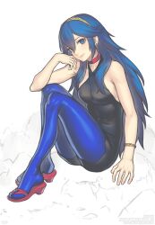 1girl black_dress blue_eyes blue_hair blue_pantyhose brand_of_the_exalt breasts choker dress fire_emblem fire_emblem_awakening gofelem hair_between_eyes long_hair lucina_(fire_emblem) medium_breasts nintendo pantyhose short_dress sitting solo tiara