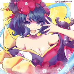 1girl absurdres artist_name bare_shoulders black_hair breasts cleavage commentary dated fate/grand_order fate_(series) floral_print floral_print_kimono flower gekidan_kabrock hair_flower hair_ornament highres japanese_clothes katsushika_hokusai_(fate) katsushika_hokusai_(second_ascension)_(fate) kimono large_breasts looking_at_viewer octopus open_mouth print_kimono purple_kimono short_hair smile tokitarou_(fate)