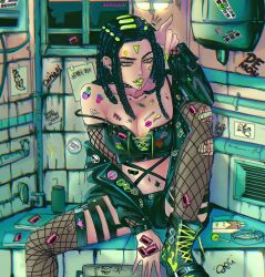 Rule 34 | 1girl, alternate costume, armpit crease, artist name, ashtray, bare shoulders, black boots, black choker, black hair, black jacket, black shorts, black thighhighs, boots, breasts, bustier, choker, cigarette, cigarette pack, cleavage, clothes pull, collarbone, collarbone piercing, commentary, detached sleeves, dreadlocks, ear piercing, english commentary, english text, ermes costello, eyebrow piercing, face piercing, fishnet sleeves, fishnet thighhighs, fishnets, foot out of frame, graffiti, green eyes, green lips, green nails, hand up, henoopd, highres, index finger raised, indoors, jacket, jacket pull, jojo no kimyou na bouken, lollipop in mouth, long hair, looking to the side, medium breasts, midriff, navel piercing, parted lips, piercing, shorts, sitting, solo, sticker on arm, sticker on chest, sticker on clothes, sticker on face, sticker on hand, sticker on leg, sticker on shoulder, sticker on stomach, stone ocean, thighhighs