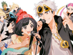 3girls 4boys absurdres band_(music) baseball_cap bass_guitar beanie black_hair blonde_hair chain closed_eyes drum drum_set electric_guitar elio_(pokemon) eyewear_on_head fua1heyvot4ifsr gladion_(pokemon) gold_chain grey_hair guitar guzma_(pokemon) hat hau_(pokemon) highres hood hoodie instrument lillie_(pokemon) microphone multiple_boys multiple_girls nintendo plumeria_(pokemon) pokemon pokemon_sm purple_hair selene_(pokemon) siblings sunglasses team_skull upper_body white_background white_hair z-ring