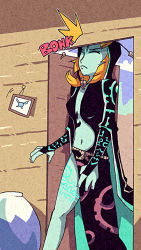 1girl 2015 blue_skin blue_sky bonk closed_eyes closed_mouth cloud colored_skin door half-skirt hood hyrule_warriors midna midna_(true) multicolored_skin navel navi nintendo orange_hair setz sky sound_effects spoilers tall_female the_legend_of_zelda the_legend_of_zelda:_twilight_princess walking wooden_wall