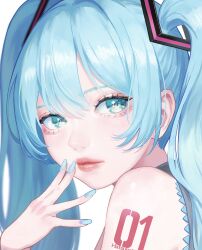 Rule 34 | 1girl, aoi machi, aqua eyes, aqua hair, blue eyes, blue hair, blue nails, closed mouth, hair ornament, hairpin, hatsune miku, highres, looking to the side, nail polish, shoulder tattoo, solo, tattoo, twintails, vocaloid