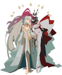 2girls baobhan_sith_(fate) baobhan_sith_(swimsuit_pretender)_(third_ascension)_(fate) bikini blue_eyes breasts closed_eyes denoia detached_collar fate/grand_order fate_(series) flower full_body hair_flower hair_ornament highres long_hair morgan_le_fay_(fate) morgan_le_fay_(water_princess)_(fate) mother_and_daughter multiple_girls open_mouth pink_hair platform_heels ponytail side_ponytail smile swimsuit tiara veil white_background white_bikini white_flower white_hair