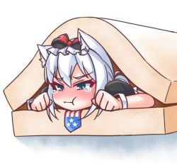 1girl :t animal_ears azur_lane blue_eyes blush bow bread cat_ears check_commentary commentary_request food hair_bow hammann_(azur_lane) highres in_food kirisame_mia partial_commentary pun sandwich tears white_hair