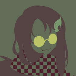 Rule 34 | 1girl, :3, brown hair, checkered clothes, checkered scarf, closed mouth, futatsuiwa mamizou, futatsuiwa mamizou (human), glasses, green background, hair ornament, highres, leaf, leaf hair ornament, leaf on head, limited palette, long hair, maskin mei, minimalism, round eyewear, scarf, simple background, touhou