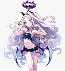1girl absurdres ahoge bikini black_halo blue_archive blush breasts demon_girl demon_horns demon_wings eudetenis halo highres hina_(blue_archive) horns long_hair looking_at_viewer navel purple_eyes simple_background small_breasts solo standing swimsuit white_background white_hair wings