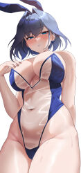 Rule 34 | 1girl, alternate costume, animal ears, arm behind back, bare arms, bare shoulders, blue eyes, blue hair, blue leotard, blush, bow, bow earrings, breasts, cleavage, commentary, earrings, english commentary, fake animal ears, fingernails, groin, hair intakes, hand up, highleg, highleg leotard, highres, hololive, hololive english, jewelry, large breasts, leotard, lessone, looking at viewer, navel, ouro kronii, paid reward available, parted lips, playboy bunny, rabbit ears, revealing clothes, see-through clothes, see-through leotard, short hair, simple background, solo, strapless, strapless leotard, virtual youtuber, white background