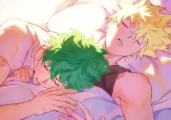 Rule 34 | 2boys, bakugou katsuki, black tank top, blonde hair, boku no hero academia, closed eyes, commentary request, crew neck, freckles, green hair, hair between eyes, head on another&#039;s chest, highres, korean commentary, lying, male focus, midoriya izuku, multiple boys, on back, parted lips, pillow, scar, scar on arm, scar on hand, scar on shoulder, shirt, short hair, sikpppang123, single bare shoulder, sleeping, spiked hair, t-shirt, tank top, teeth, under covers, white shirt, yaoi