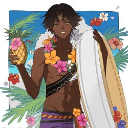 1boy abs dark-skinned_male dark_skin dr_metagross fire_emblem fire_emblem_engage fire_emblem_heroes flower flower_necklace fogado_(fire_emblem) fogado_(summer)_(fire_emblem) food fruit highres holding holding_swim_ring innertube jewelry male_focus male_swimwear necklace nintendo official_alternate_costume pineapple purple_swim_trunks solo star-shaped_pupils star_(symbol) swim_ring swim_trunks symbol-shaped_pupils