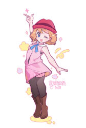 1girl ;d absurdres arm_up blue_eyes blue_ribbon boots brown_boots character_name commentary_request dress full_body hair_ornament hairclip happy hat highres looking_at_viewer neck_ribbon nintendo one_eye_closed open_mouth pink_dress podayo_po pokemon pokemon_(anime) pokemon_xy_(anime) ribbon serena_(pokemon) short_hair sleeveless sleeveless_dress smile solo sparkle standing thighhighs tiptoes