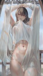 Rule 34 | 1girl, abs, absurdres, armpits, arms up, black hair, blush, bottomless, breasts, brown eyes, brown hair, cameltoe, commentary request, convenient censoring, covered erect nipples, cowboy shot, day, fingernails, fisheye, grey nails, groin, hair between eyes, hanging sheet, head tilt, highres, large breasts, long hair, looking at viewer, mouth hold, nail polish, navel, no panties, original, parted bangs, parted lips, railing, see-through clothes, see-through shirt, shirt, short sleeves, soleil (soleilmtfbwy03), solo, stomach, teeth hold, thighs, toned, toned female, wet, wet clothes, wet hair, white shirt, wooden railing