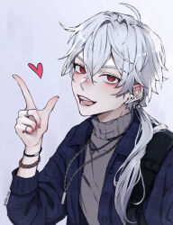 1boy :d aegyo_sal arm_up blush bracelet crossed_bangs eiden_kato hair_between_eyes hair_over_shoulder heart highres jacket jewelry l_hand looking_at_viewer low_ponytail male_focus multiple_rings necklace nose_blush open_mouth ponytail red_eyes ring smile solo stray_hair susanghan_messenger sweater turtleneck turtleneck_sweater upper_body white_background white_hair white_jacket zen_(susanghan_messenger)