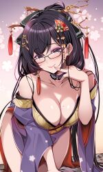 1girl absurdres black_hair blush breasts cleavage collarbone commentary_request commission detached_sleeves dress fan_hair_ornament glasses gradient_background grey_eyes hair_branch hair_ornament hair_ribbon highres japanese_clothes kimono kneeling large_breasts leaning_forward long_hair looking_at_viewer mature_female mole mole_on_breast origami_aya original purple_dress ribbon skeb_commission smile solo wide_sleeves