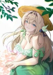 1girl black_hairband blush branch breasts cleavage dress firefly_(honkai:_star_rail) gradient_eyes green_dress grey_hair hair_between_eyes hair_intakes hair_ornament hair_ribbon hairband hat highres honkai:_star_rail honkai_(series) large_breasts leaf multicolored_eyes own_hands_together pegasusviv ribbon simple_background sitting smile solo strap_slip straw_hat teeth white_background