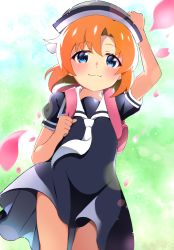 Rule 34 | 1girl, absurdres, black dress, blue eyes, clannad, closed mouth, cosplay, dress, hat, highres, higurashi no naku koro ni, mashimaro tabetai, neckerchief, okazaki ushio, okazaki ushio (cosplay), orange hair, petals, puffy short sleeves, puffy sleeves, ryuuguu rena, sailor dress, short hair, short sleeves, smile, solo, white hat, white neckerchief