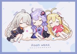 :3 :o ahoge antenna_hair bare_shoulders barefoot binchou_maguro black_bow black_dress black_hoodie black_shorts blonde_hair blush border bow braid character_name chibi chibi_only closed_eyes closed_mouth commentary_request dress grey_hair hair_bow hair_ornament hairclip heart hood hoodie hugging_object kizuna_akari long_hair long_sleeves lying on_back on_side open_clothes open_hoodie purple_border purple_dress purple_hair shirt short_hair_with_long_locks short_sleeves shorts sleeping sleeveless sleeveless_dress smile star_(symbol) tsurumaki_maki vocaloid voiceroid white_background white_shirt yuzuki_yukari