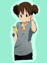 1girl brown_eyes brown_hair drinking_straw drinking_straw_in_mouth grey_shirt hand_in_own_hair highres holding holding_phone k-on! kicchi_(tmgk) light_blush looking_at_phone medium_hair phone shirt short_twintails suzuki_jun twintails wristband