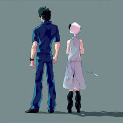 1boy 1girl black_boots black_flower black_hair black_shoes blue_pants blue_shirt boots commentary enunciabililty flower from_behind full_body grey_background hair_flower hair_ornament kyokugen_dasshutsu kyokugen_dasshutsu_adv:_zennin_shibou_desu pants phi_(kyokugen_dasshutsu) shadow shirt shoes short_hair short_sleeves sigma_(kyokugen_dasshutsu) simple_background sleeveless standing very_short_hair watch white_hair wristwatch