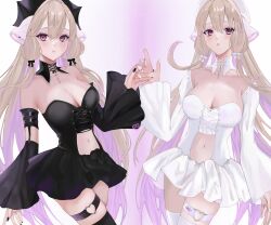 2girls absurdres animal_ears black_bow black_dress black_hat black_thighhighs black_vs_white blonde_hair bow breasts chii chobits cleavage commentary contrast detached_collar dress freya_(chobits) hair_bow hat heart_ring highres large_breasts long_hair looking_at_viewer multiple_girls navel persocom_(chobits) pink_eyes polar_opposites robot_ears shoujoblush siblings sisters spoilers take_your_pick thigh_strap thighhighs very_long_hair white_bow white_dress white_hat white_thighhighs